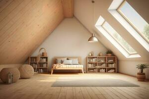 AI generated Cozy and inviting attic living room with a couch, rug, plants, artwork, and sloped ceiling. The room is decorated in a neutral color palette with white walls and light wood furniture photo