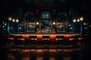 ai generado lujo bar interior diseño. 3d representación y ilustración, bar mostrador en el oscuro noche antecedentes con sillas en un vacío cómodo lujo restaurante, ai generado foto