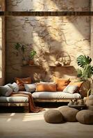 AI generated Warm and inviting living room with a stone wall, gray couch, wooden coffee table, and green plants. A fireplace adds to the cozy atmosphere. The room is decorated with a mix of rustic photo