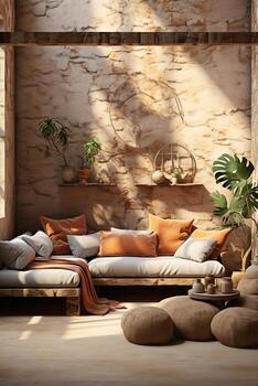 AI generated Warm and inviting living room with a stone wall, gray couch, wooden coffee table, and green plants. A fireplace adds to the cozy atmosphere. The room is decorated with a mix of rustic photo