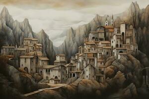 AI generated Digital painting of a village in the mountains. Digital painting illustration, village in the mountains, AI Generated photo