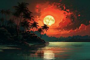 AI generated Illustration of a tropical island with palm trees and a full moon, Vintagestyle digital painting of island beaches, AI Generated photo