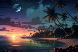 AI generated Illustration of a tropical beach with palm trees and a full moon, Vintagestyle digital painting of island beaches, AI Generated photo