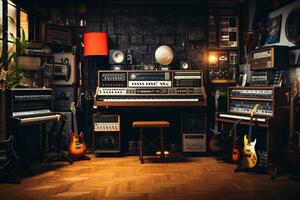 AI generated Musical instruments in a music studio. Vintage style. Music concept, Vintage music recording studio with amps and synthesizer, AI Generated photo