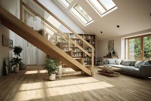 AI generated spacious living room with a wooden staircase, white couch, skylight, plants, and string lights. The wooden staircase adds a touch of warmth and character, while the white couch photo