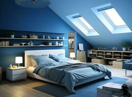 AI generated The bright white walls and natural wood furniture create a warm and cozy atmosphere. The skylights let in plenty of natural light, making the room feel spacious photo