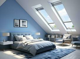 AI generated minimalist bedroom with white walls, wooden bed, plants, and skylights. The bright white walls and natural wood furniture create a clean and airy atmosphere. The skylights photo