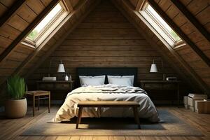 AI generated attic bedroom with a wooden bed, bench, and nightstand, decorated with string lights and plants. The warm wooden walls and floors create a rustic photo