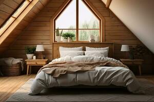 AI generated attic bedroom with a white bed, wooden furniture, and skylight. The bright white walls and light wood furniture create a light and airy atmosphere, while the skylight photo