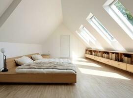 AI generated rustic bedroom with a wooden bed, dresser, nightstand, plants, and string lights. The warm wooden furniture and soft linens create a cozy and inviting atmosphere. photo