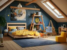 AI generated attic bedroom with wooden bed, chair, sloped ceiling, string lights, and plants. The wooden bed invites you to curl up and relax, while the chair provides a comfortable place to sit photo