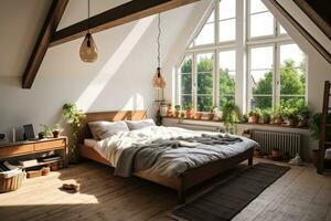 AI generated minimalist bedroom with white walls, wooden bed, plants, and skylights. The bright white walls and natural wood furniture create a clean and airy atmosphere. photo