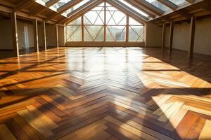 ai generado un brillante y aireado vivo habitación con un grande ventana y un de madera piso, decorado con un mezcla de neutral y vistoso elementos. el grande ventana vamos en mucho de natural luz, haciendo foto