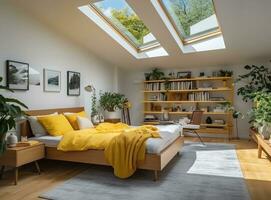 A modern bedroom with a large bed and a wooden headboard. The room has a blue duvet cover, a wooden bookshelf, a desk, and a chair. photo