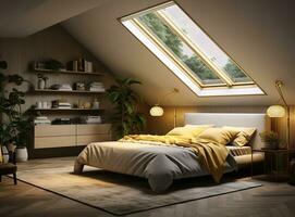 AI generated bedroom with a bed, skylight, wooden dresser, plants, and string lights. The bed invites you to curl up and relax, while the wooden dresser provides storage for your belongings. photo