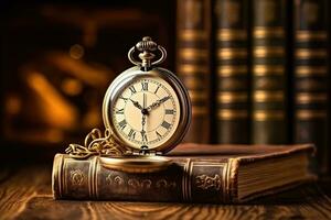 ai generado Clásico bolsillo reloj con libros en de madera antecedentes. retro estilo, Clásico reloj colgando en un cadena en el antecedentes de antiguo libros, ai generado foto