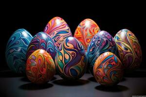 AI generated Colorful easter eggs on a black background with space for text, Visualize a captivating design on eggshells, AI Generated photo