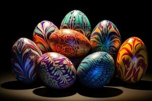 AI generated Colorful easter eggs on black background. 3D illustration, Visualize a captivating design on eggshells, AI Generated photo