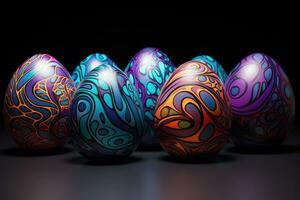 AI generated Colorful easter eggs on black background. 3D illustration, Visualize a captivating design on eggshells, AI Generated photo