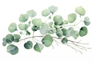 ai generado eucalipto rama con hojas aislado en blanco fondo, acuarela verde floral tarjeta con plata dólar eucalipto hojas y ramas aislado en blanco fondo, ai generado foto