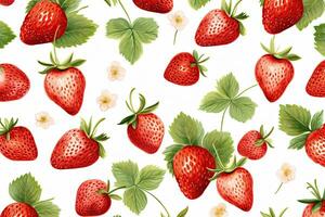 ai generado sin costura modelo con fresas y hojas. acuarela ilustración, acuarela ilustración de fresas arreglado horizontalmente en un sin costura modelo con marco decoración foto