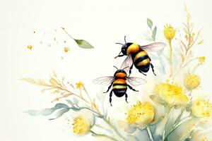 AI generated watercolor painting of bees, flowers and leaves, on white background, Watercolor Bumblebees Hand Painted Summer Illustration, AI Generated photo