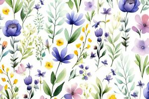AI generated Seamless pattern with watercolor flowers. Hand-drawn illustration, Watercolor floral seamless pattern with colorful wildflowers and leaves, AI Generated photo
