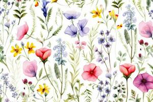 AI generated Seamless pattern with watercolor flowers. Hand-drawn illustration, Watercolor floral seamless pattern with colorful wildflowers and leaves, AI Generated photo