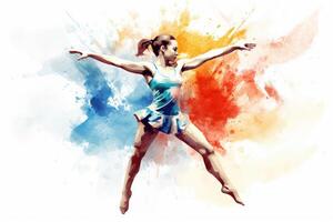 AI generated Beautiful young woman dancing ballet in watercolor splashes background, watercolor design of a female olympic gymnast, AI Generated photo