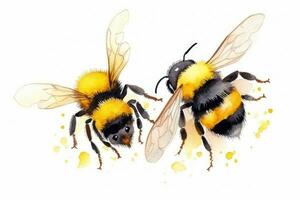 AI generated Bumblebees. Watercolor illustration. Isolated on white background, Watercolor Bumblebees Hand Painted Summer Illustration, AI Generated photo