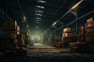 AI generated Warehouse interior with boxes and wooden pallets. 3d rendering, Warehouse, AI Generated photo