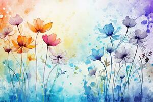 AI generated Watercolor floral background with cosmos flowers. Hand drawn vector illustrationWatercolors flowers background, abstract flowers made from watercolor paint splashes, AI Generated photo