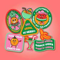 Vector retro fruit summer party vibes sticker or label or badge set with motivational quotes