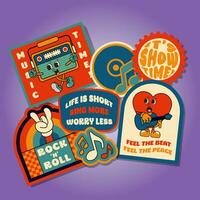 Vector retro rock music style party sticker or label or badge set with radio and guitar