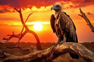 AI generated Griffon vulture sitting on a branch with sunset in background, vulture is perched on a branch at sunset, AI Generated photo