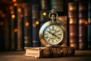 ai generado Clásico bolsillo reloj en el antecedentes de libros. retro estilo, Clásico reloj colgando en un cadena en el antecedentes de antiguo libros, ai generado foto