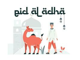 ilustración gráfica vectorial de eid al-adha y la fiesta del sacrificio. ovejas y hombres musulmanes perfectos para afiches y pancartas vector