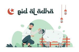 ilustración gráfica vectorial de eid al-adha y la fiesta del sacrificio. ovejas y hombres musulmanes perfectos para afiches y pancartas vector