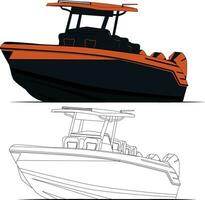 Side view fishing boat vector line art illustration, and one color.