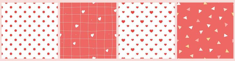 Set of seamless patterns with abstract hearts, dots, lines. Ornament for textiles, fabric, packaging for Valentine's holiday, children's prints. Vector graphics.