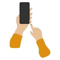 Hands holding Smartphone and point at phone. Mobile phone Mockup vector with blank screen. Flat or Cartoon illustration isolated on white. Realistic Hand, Internet and Digital Technology Concept