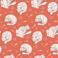 Vector flat patter with sleepy cats and fish. Hand drawn cats in kids cartoon minimalistic style. Trendy kids pattern design on pink background. Ideal for textile, wrapping paper