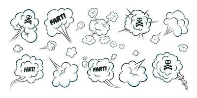 Smelling pop art comic book cartoon fart cloud flat style design vector illustration set.