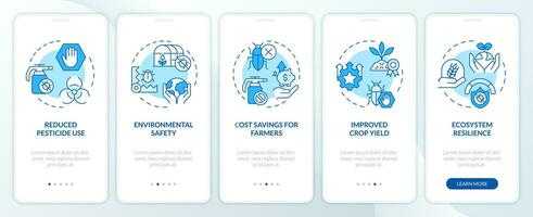 2D icons representing integrated pest management mobile app screen set. Walkthrough 5 steps blue graphic instructions with linear icons concept, UI, UX, GUI template. vector
