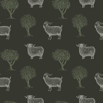 cabras, carneros, ovejas sin costura modelo vector antecedentes con grabado animales repitiendo decorativo fondo pastoral motivo con granja animal en campo. para imprimir, papel, tarjeta, textil, diseño, envase