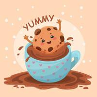 A cookie bathes in a mug of cocoa. Cute character in cartoon style. Vector illustration for printing on postcards and for your design.