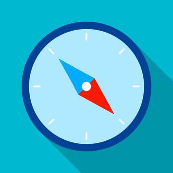 compass icon with arrow in flat style. Travel, device for determining location and direction of tourist. Color vector