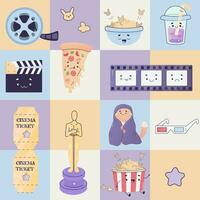 Seamless pattern cozy movie watching, with pizza, popcorn vector