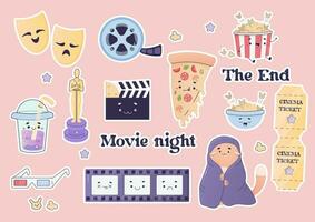 Set, stickers, movie night, cozy film watching at home vector