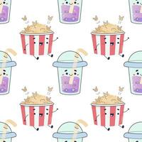 Seamless pattern popcorn, movie food, pizza, cute vector